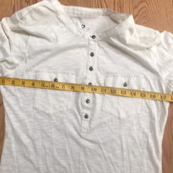 Kuhl small off white front button sleeve tab top. - Picture 7 of 8